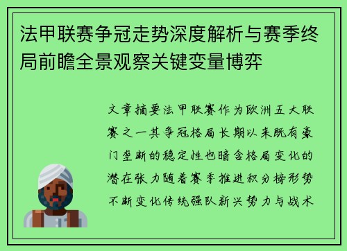 法甲联赛争冠走势深度解析与赛季终局前瞻全景观察关键变量博弈